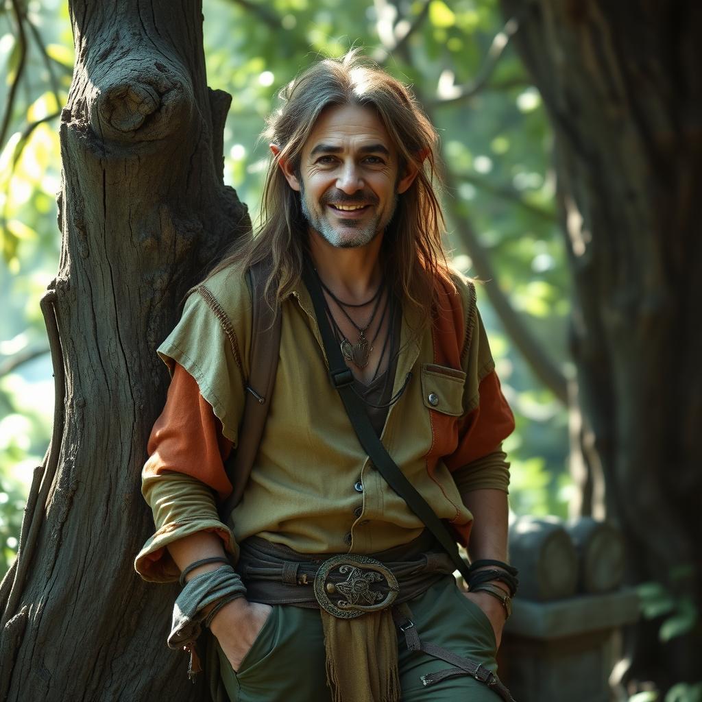 A lascivious and ironic middle-aged half-elf vagabond, around 40 years old, dressed in tattered but colorful clothing that reflects a carefree lifestyle