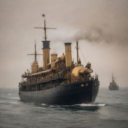 A vast steampunk tanker, assembled with brass plates, steam engines, and array of whistles and bells, sailing through the sea under the smoky haze of a coal-fired, Victorian-era sky.