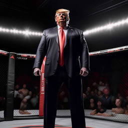 A lifelike depiction of Donald Trump in a UFC debut, dressed in appropriate UFC attire, standing confidently in the octagon before a match.