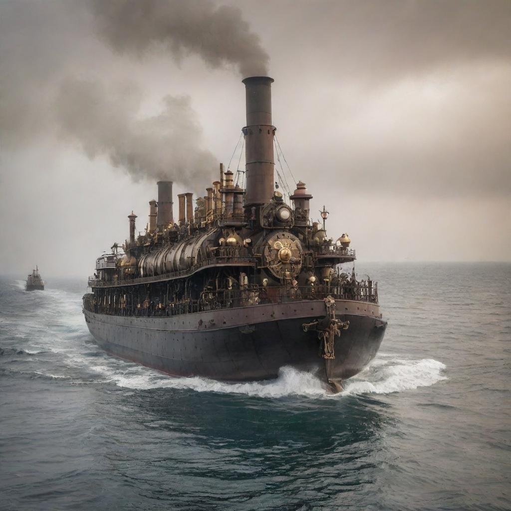 A vast steampunk tanker, assembled with brass plates, steam engines, and array of whistles and bells, sailing through the sea under the smoky haze of a coal-fired, Victorian-era sky.