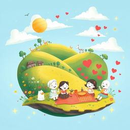 An imaginative and heartwarming illustration titled "Planet of Happiness is a Family" depicting a vibrant, whimsical planet that embodies the joy and warmth of family unity