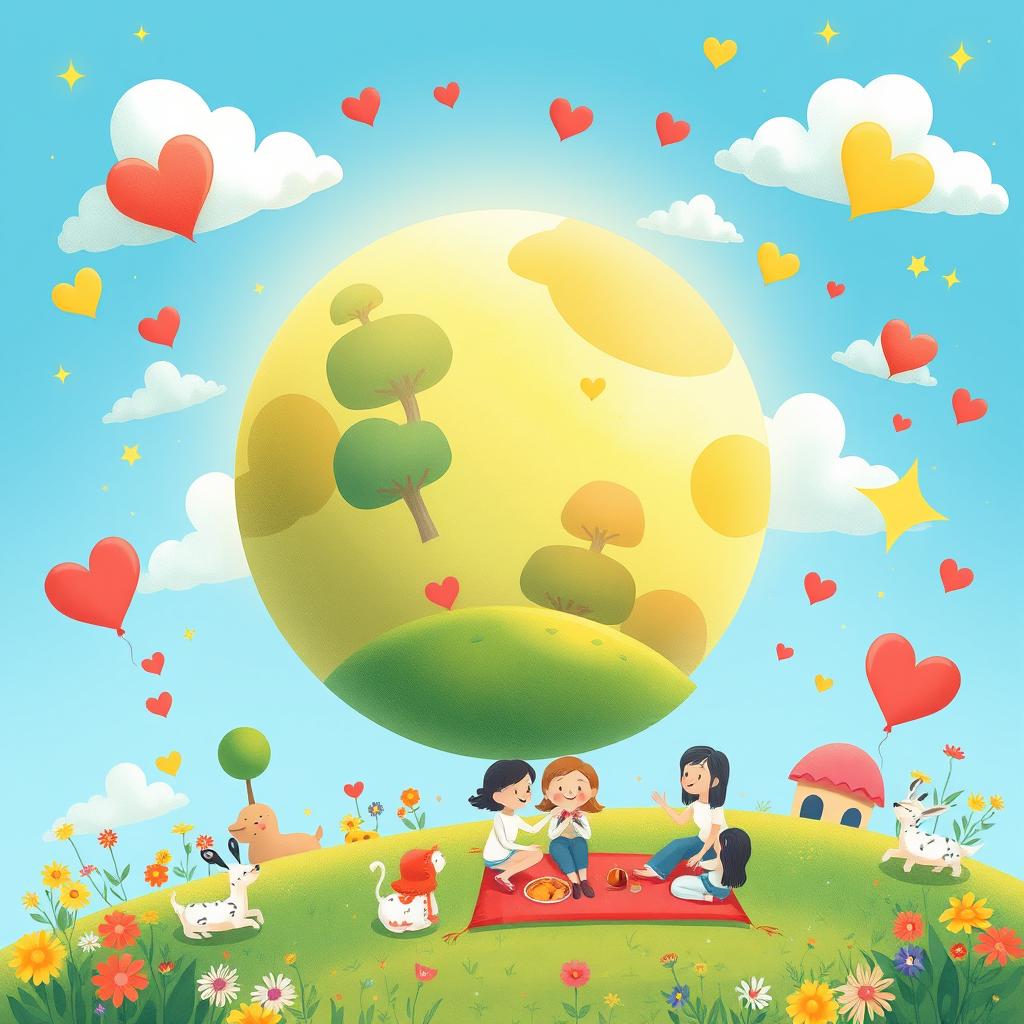 An imaginative and heartwarming illustration titled "Planet of Happiness is a Family" depicting a vibrant, whimsical planet that embodies the joy and warmth of family unity