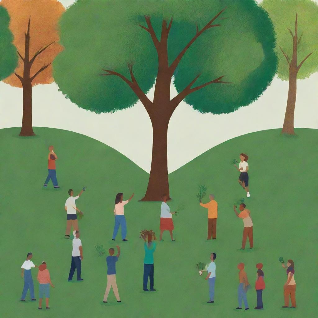 An image emphasizing unity in diversity for environmental stewardship. Diverse groups of people standing together in action, planting trees, against a vibrant, lush green backdrop. Symbols reinforcing collective responsibility, urgent positive change, and the impact of united efforts for a sustainable future.