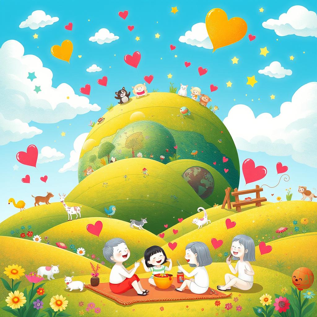 An imaginative and heartwarming illustration titled "Planet of Happiness is a Family" depicting a vibrant, whimsical planet that embodies the joy and warmth of family unity