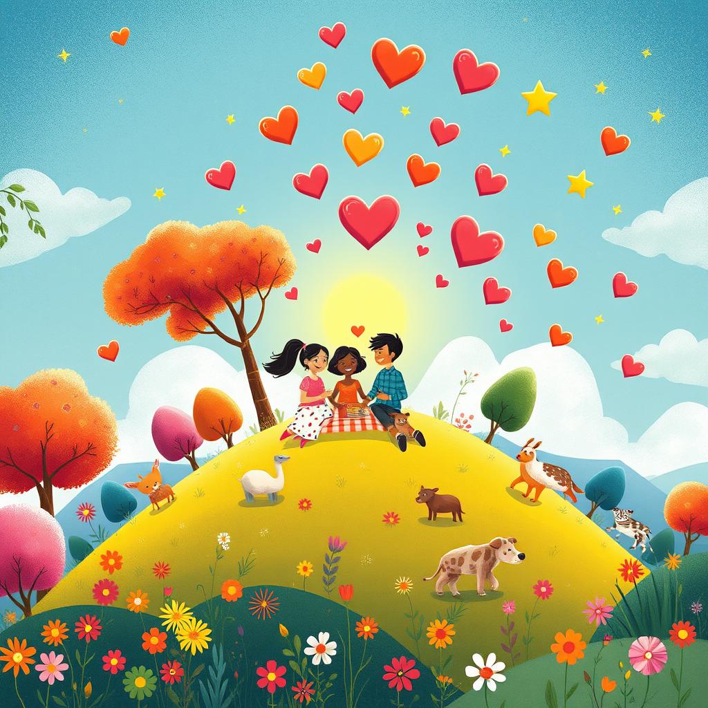 An imaginative and uplifting illustration titled "Planet of Happiness is a Family" showcasing a whimsical planet that embodies the joy of family togetherness