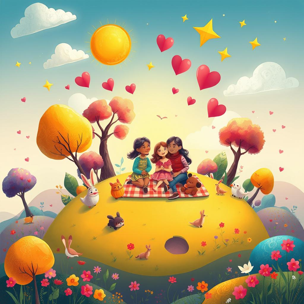 An imaginative and uplifting illustration titled "Planet of Happiness is a Family" showcasing a whimsical planet that embodies the joy of family togetherness