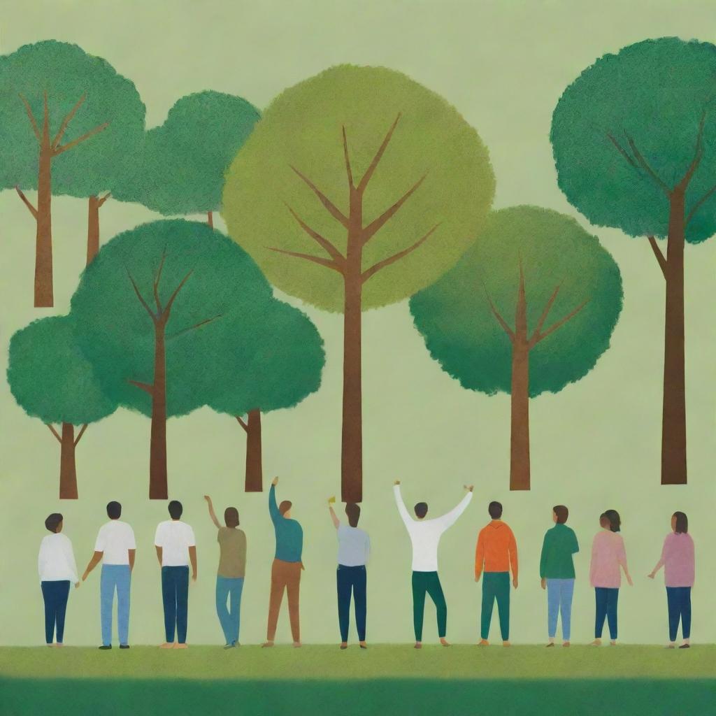 An image emphasizing unity in diversity for environmental stewardship. Diverse groups of people standing together in action, planting trees, against a vibrant, lush green backdrop. Symbols reinforcing collective responsibility, urgent positive change, and the impact of united efforts for a sustainable future.