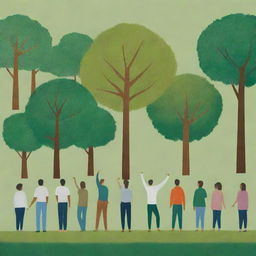 An image emphasizing unity in diversity for environmental stewardship. Diverse groups of people standing together in action, planting trees, against a vibrant, lush green backdrop. Symbols reinforcing collective responsibility, urgent positive change, and the impact of united efforts for a sustainable future.