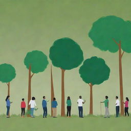 An image emphasizing unity in diversity for environmental stewardship. Diverse groups of people standing together in action, planting trees, against a vibrant, lush green backdrop. Symbols reinforcing collective responsibility, urgent positive change, and the impact of united efforts for a sustainable future.