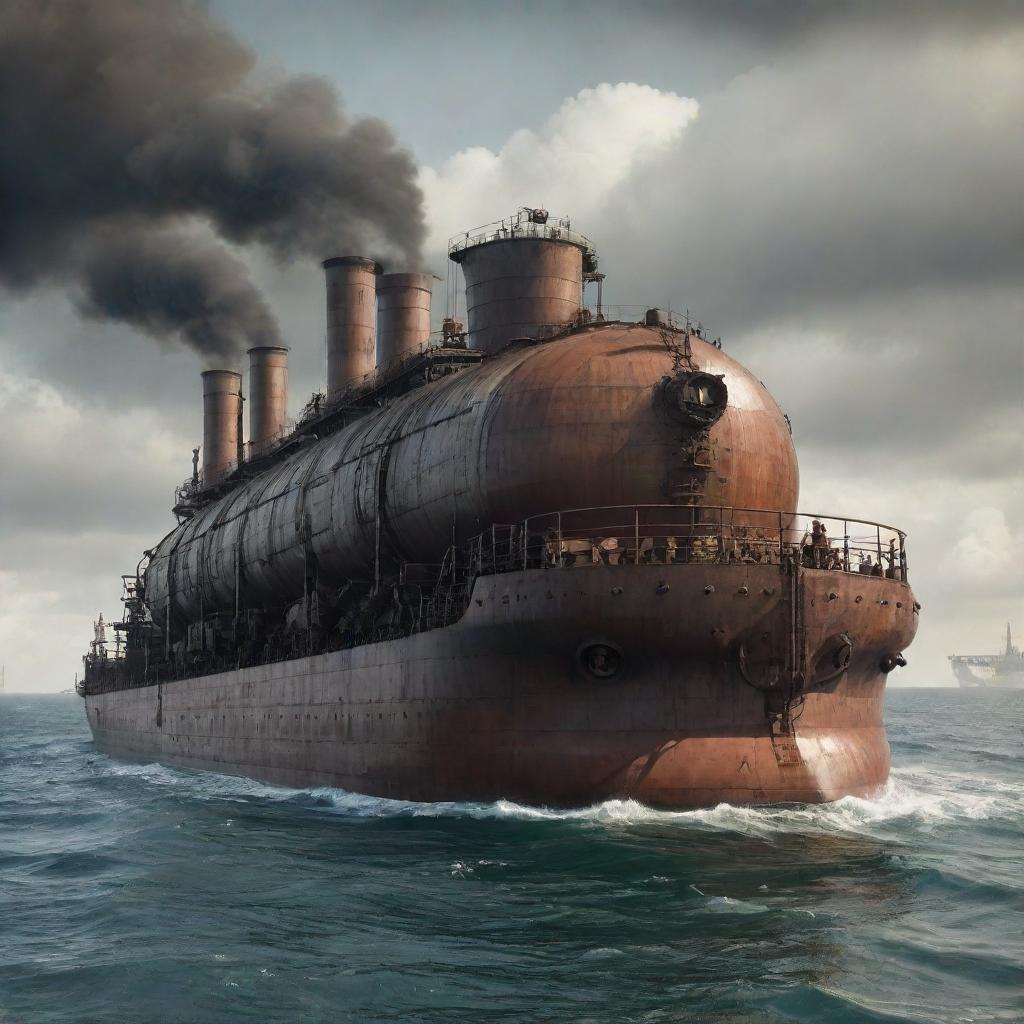 A colossal dieselpunk tanker, featuring iron frameworks, riveted panels, and belching smokestacks, sailing through a diesel-streaked sea under an industrial, polluted sky.