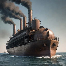 A colossal dieselpunk tanker, featuring iron frameworks, riveted panels, and belching smokestacks, sailing through a diesel-streaked sea under an industrial, polluted sky.