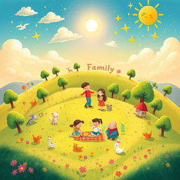 An enchanting and heartwarming illustration titled "Family is a Planet of Happiness" that creatively depicts a vibrant planet symbolizing the joy and love found within a family