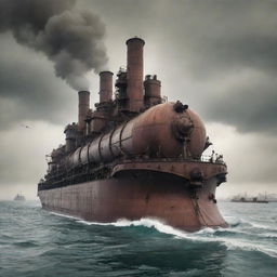 A colossal dieselpunk tanker, featuring iron frameworks, riveted panels, and belching smokestacks, sailing through a diesel-streaked sea under an industrial, polluted sky.