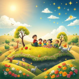 An enchanting and heartwarming illustration titled "Family is a Planet of Happiness" that creatively depicts a vibrant planet symbolizing the joy and love found within a family