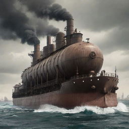 A colossal dieselpunk tanker, featuring iron frameworks, riveted panels, and belching smokestacks, sailing through a diesel-streaked sea under an industrial, polluted sky.