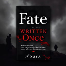 A visually striking book cover titled 'Fate is Written Once', prominently displayed in an elegant, bold font at the center