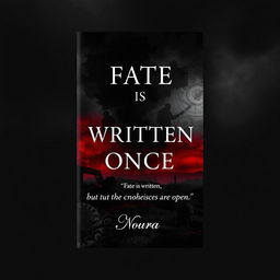 A visually striking book cover titled 'Fate is Written Once', prominently displayed in an elegant, bold font at the center