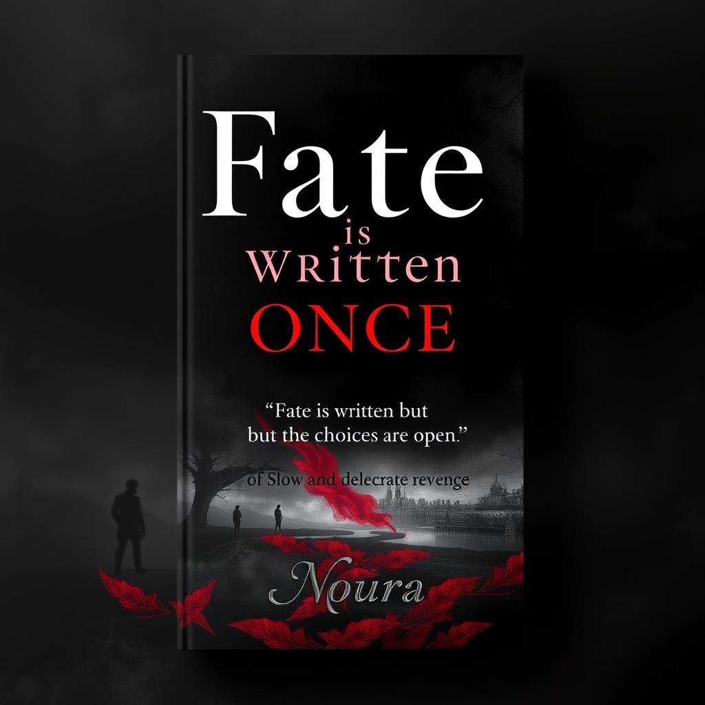 A visually striking book cover titled 'Fate is Written Once', prominently displayed in an elegant, bold font at the center