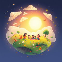 An enchanting and heartwarming illustration titled "Family is a Planet of Happiness" that creatively depicts a vibrant planet symbolizing the joy and love found within a family