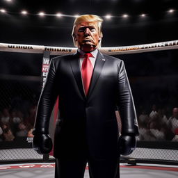 A lifelike depiction of Donald Trump in a UFC debut, dressed in appropriate UFC attire, standing confidently in the octagon before a match.