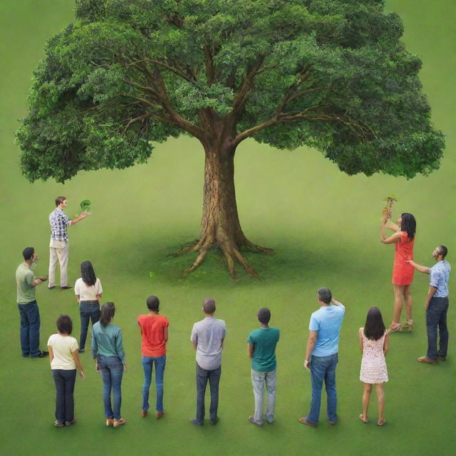 A high-definition image focusing on unity in diversity for environmental protection. Feature diverse, modern-stylized individuals united in environmental actions like tree planting. The vibrant, lush green backdrop underlines the urgency of collective responsibility, inspiring the impact of united efforts on a sustainable future.