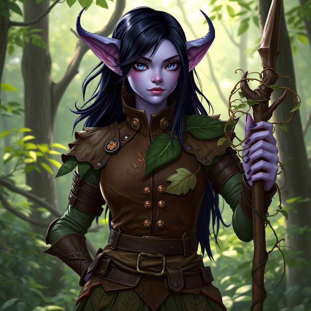 A tiefling character with light purple skin and glossy black hair, wearing a nature-inspired outfit that incorporates leather armor