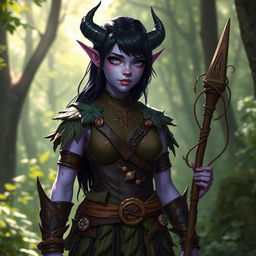 A tiefling character with light purple skin and glossy black hair, wearing a nature-inspired outfit that incorporates leather armor