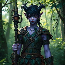 A tiefling character with light purple skin and glossy black hair, wearing a nature-inspired outfit that incorporates leather armor