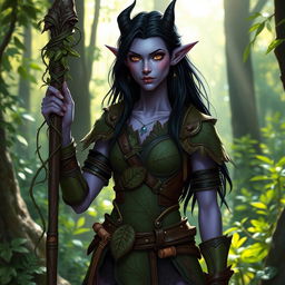 A tiefling character with light purple skin and glossy black hair, wearing a nature-inspired outfit that incorporates leather armor