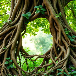 A beautifully intricate tree root frame with vibrant green hues, showcasing an elaborate network of gnarled roots and delicate foliage