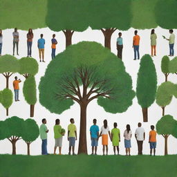 A high-definition image focusing on unity in diversity for environmental protection. Feature diverse, modern-stylized individuals united in environmental actions like tree planting. The vibrant, lush green backdrop underlines the urgency of collective responsibility, inspiring the impact of united efforts on a sustainable future.