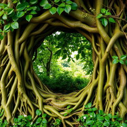 A beautifully intricate tree root frame with vibrant green hues, showcasing an elaborate network of gnarled roots and delicate foliage