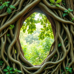 A beautifully intricate tree root frame with vibrant green hues, showcasing an elaborate network of gnarled roots and delicate foliage