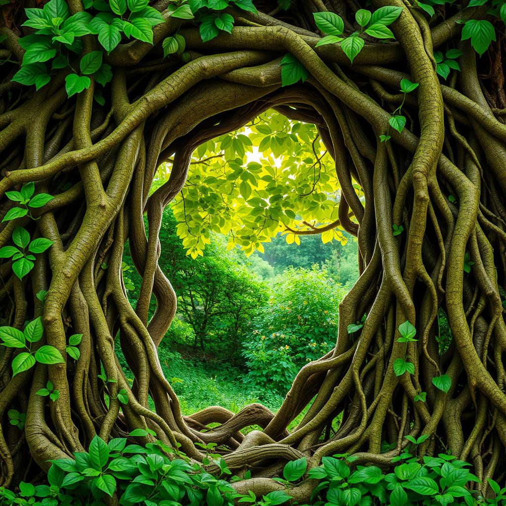 A beautifully intricate tree root frame with vibrant green hues, showcasing an elaborate network of gnarled roots and delicate foliage