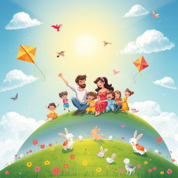 A heartwarming illustration titled "Parents with Children is a Planet of Happiness" depicting a joyful scene on a vibrant planet symbolizing family love