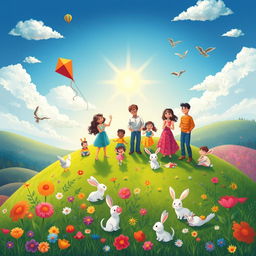 A heartwarming illustration titled "Parents with Children is a Planet of Happiness" depicting a joyful scene on a vibrant planet symbolizing family love