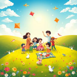 A heartwarming illustration titled "Parents with Children is a Planet of Happiness" depicting a joyful scene on a vibrant planet symbolizing family love