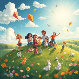 A heartwarming illustration titled "Parents with Children is a Planet of Happiness" depicting a joyful scene on a vibrant planet symbolizing family love