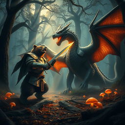 A fierce battle scene showcasing a bear clad in shining knight armor, fiercely confronting a massive dragon in a dark, mystical forest