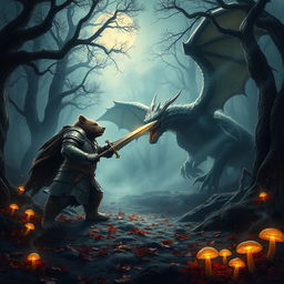 A fierce battle scene showcasing a bear clad in shining knight armor, fiercely confronting a massive dragon in a dark, mystical forest