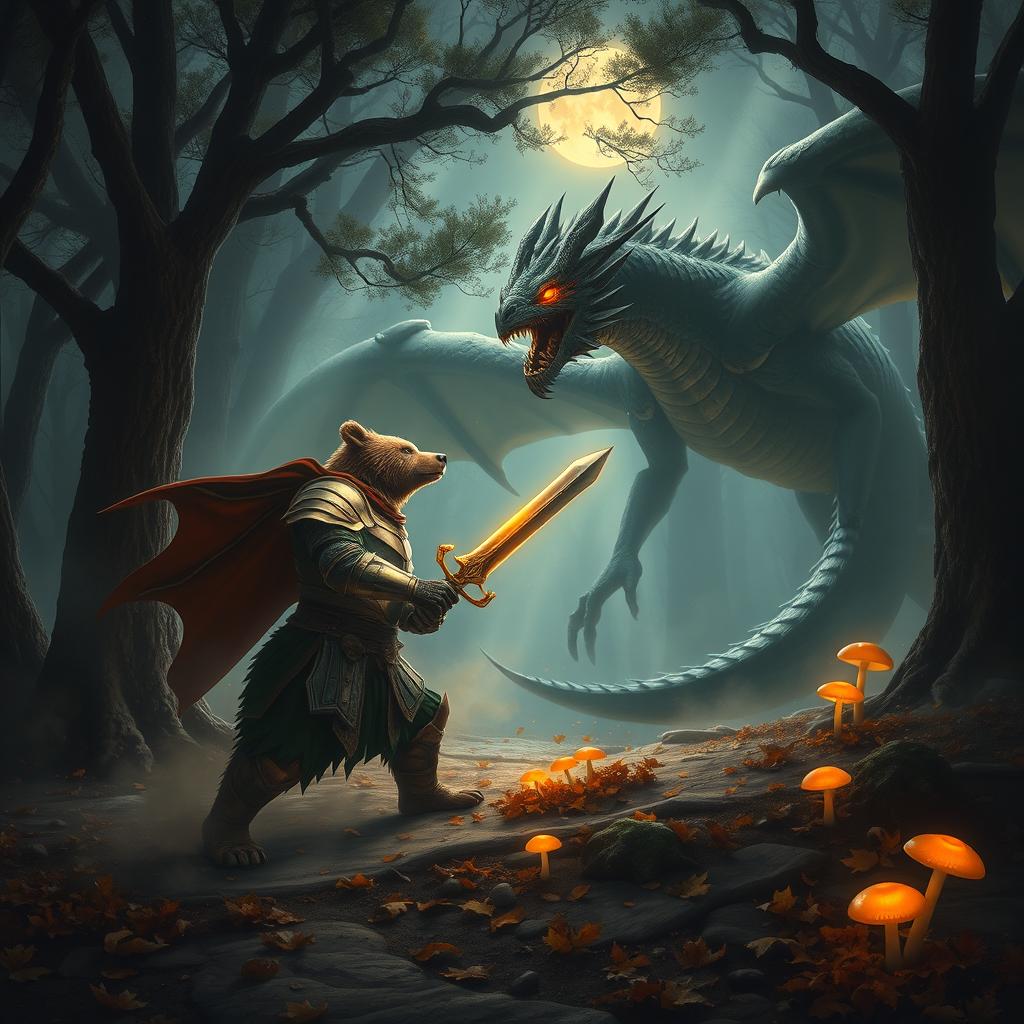 A fierce battle scene showcasing a bear clad in shining knight armor, fiercely confronting a massive dragon in a dark, mystical forest