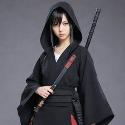 A teenage girl anime character in Japanese style, clad in stealthy attire, carrying assassin tools. Her serious expression hints at her dangerous specialization in assassination.