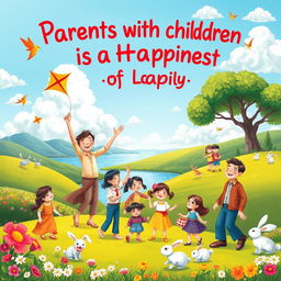 A vibrant and heartwarming artwork titled "Parents with Children is a Planet of Happiness" depicting a joyful scene on a colorful planet symbolizing the love and joy of family