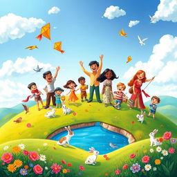 A vibrant and heartwarming artwork titled "Parents with Children is a Planet of Happiness" depicting a joyful scene on a colorful planet symbolizing the love and joy of family