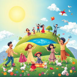 A vibrant and heartwarming artwork titled "Parents with Children is a Planet of Happiness" depicting a joyful scene on a colorful planet symbolizing the love and joy of family