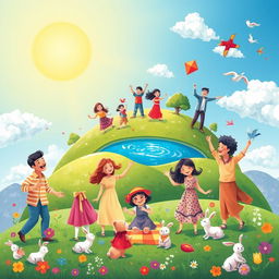 A vibrant and heartwarming artwork titled "Parents with Children is a Planet of Happiness" depicting a joyful scene on a colorful planet symbolizing the love and joy of family