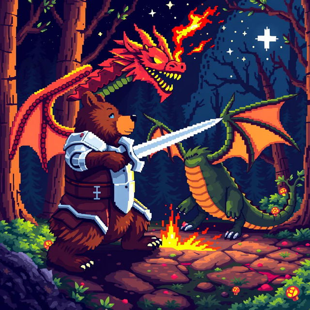 A vibrant pixel art scene depicting a bear in detailed knight armor fiercely battling a dragon in a dark, enchanted forest