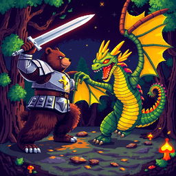 A vibrant pixel art scene depicting a bear in detailed knight armor fiercely battling a dragon in a dark, enchanted forest