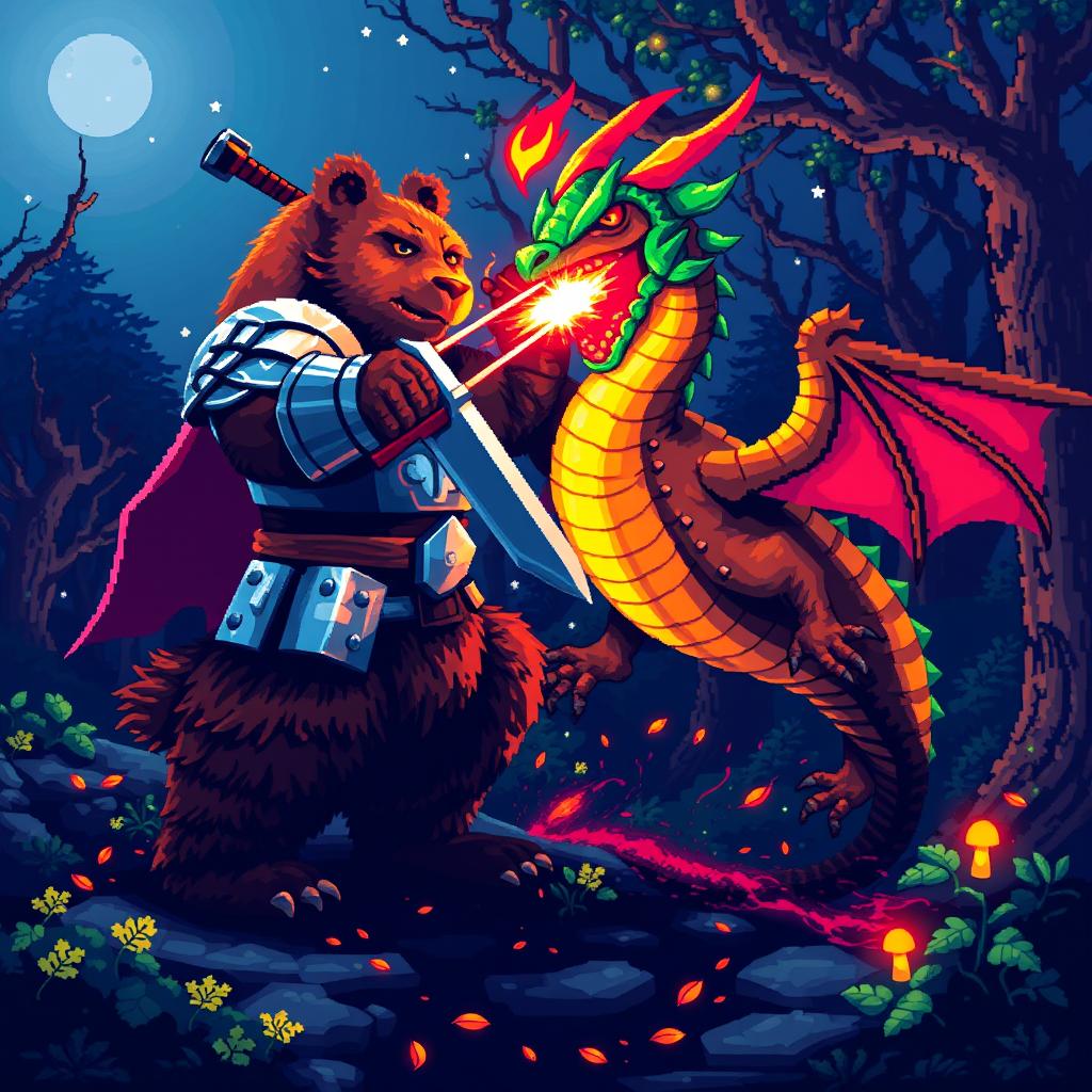 A vibrant pixel art scene depicting a bear in detailed knight armor fiercely battling a dragon in a dark, enchanted forest