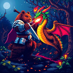 A vibrant pixel art scene depicting a bear in detailed knight armor fiercely battling a dragon in a dark, enchanted forest